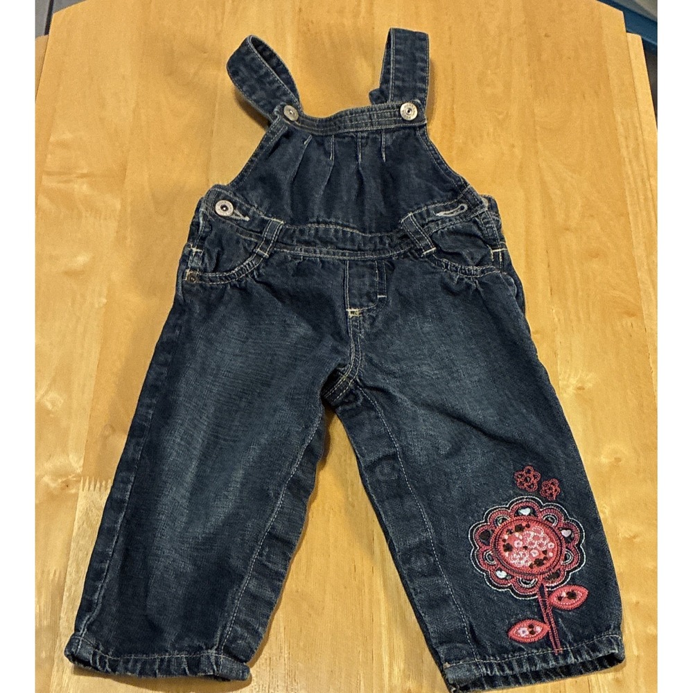 VTG Pink Logo OshKosh B'gosh Girls Denim Overalls 12 Months Floral Embroidered